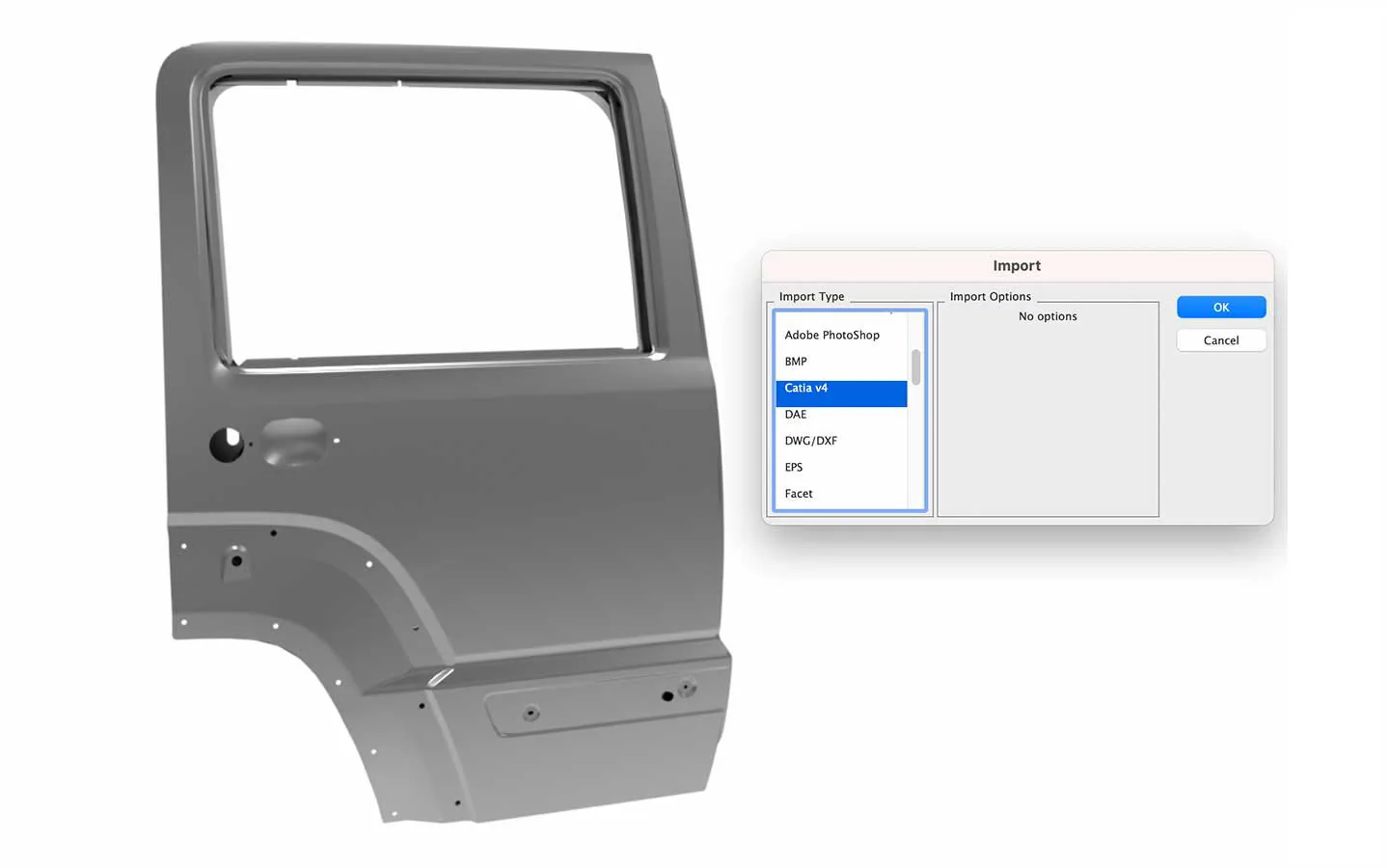 A car door panel imported into SharkCAD from CATIA v4, beside the Import dialog