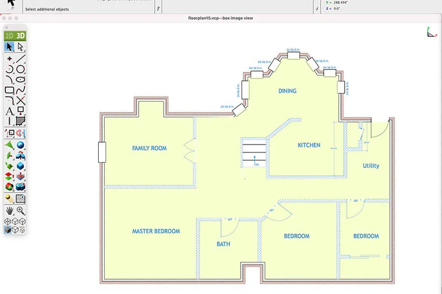 A dimensioned floor plan open in ViaCAD 2D/3D, with the 2D drawing toolbar alongside