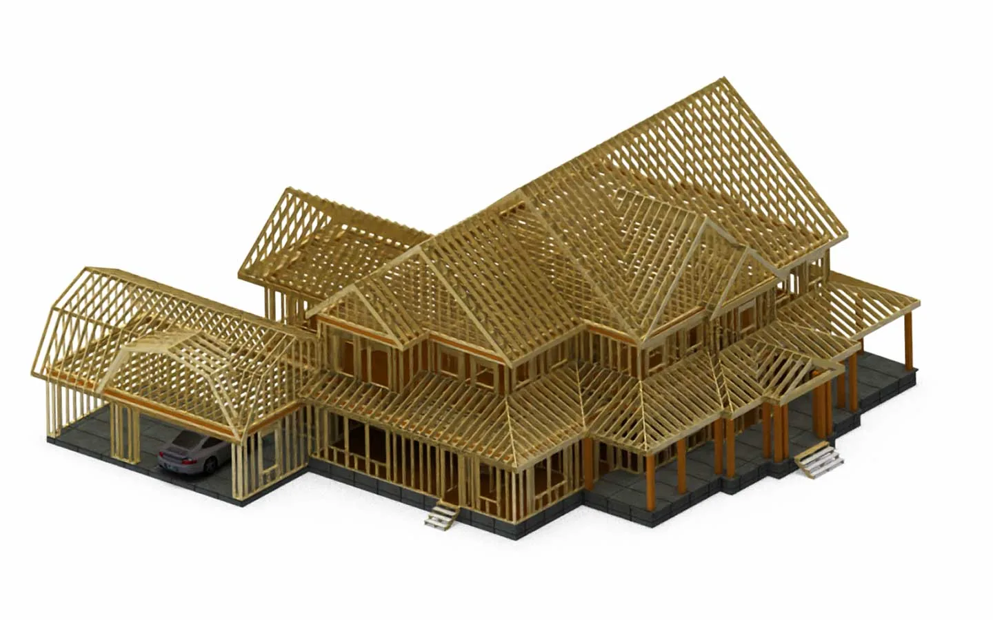 The timber framing of a two-storey house with a carport, modelled in 3D
