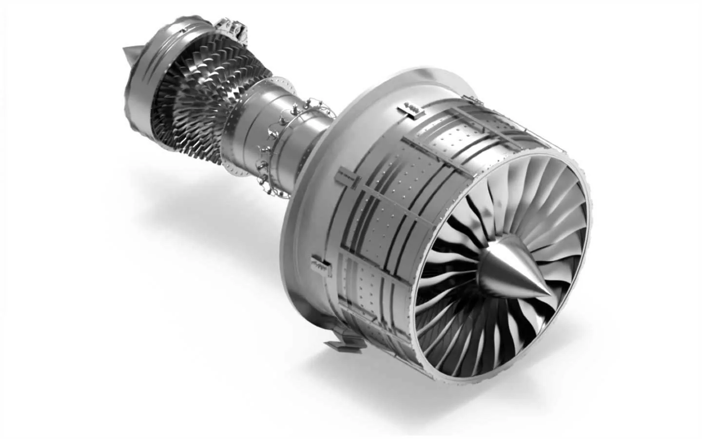 Photoreal render of a turbofan jet engine assembly