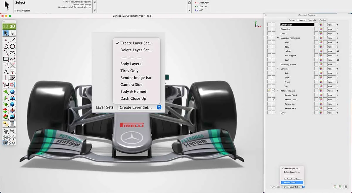 Photoreal render of an F1 concept car in ViaCAD, with its layer sets in the Concept Explorer