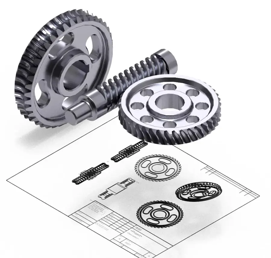 3D gears with their 2D drawing views generated below